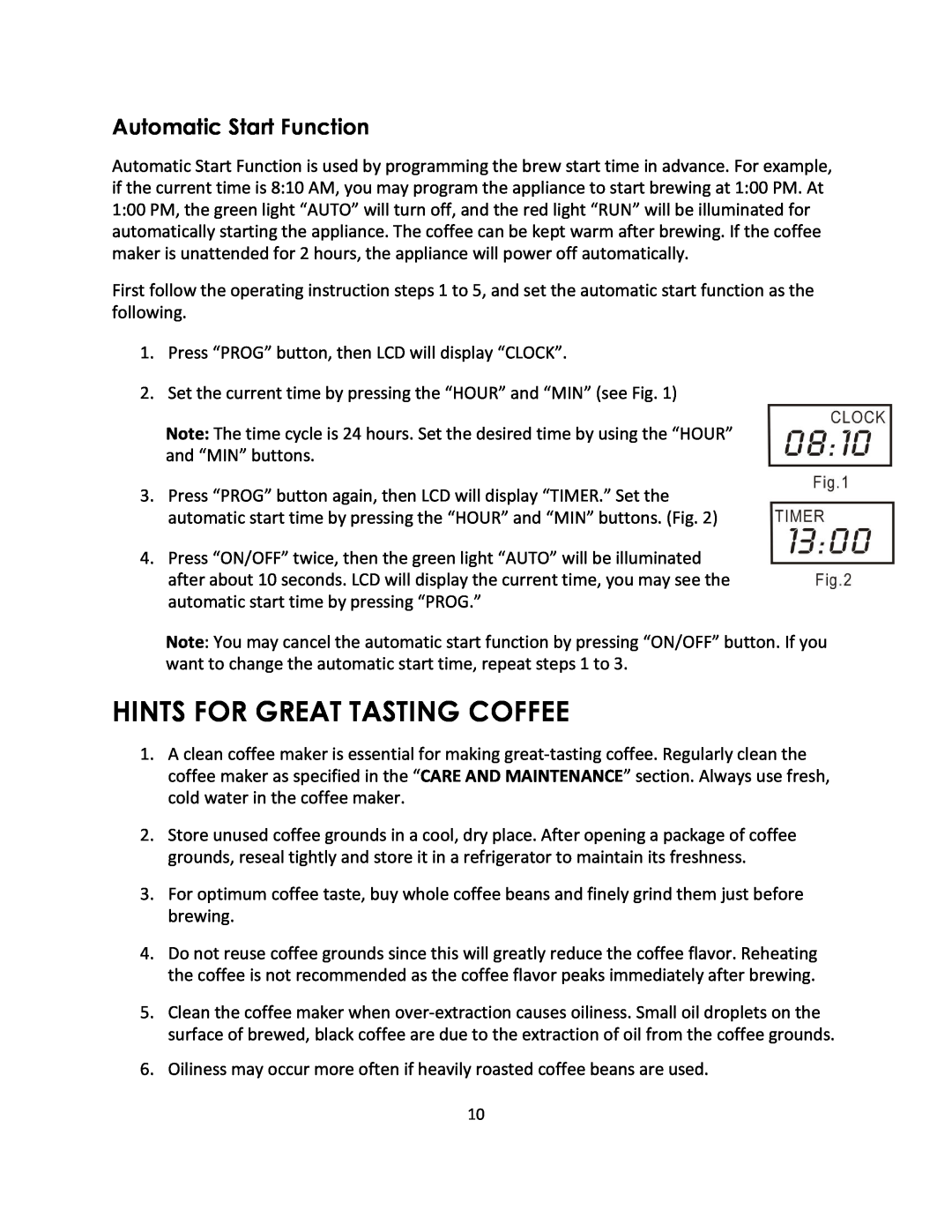 Magic Chef MCSCM12PST instruction manual Hints For Great Tasting Coffee, Automatic Start Function 