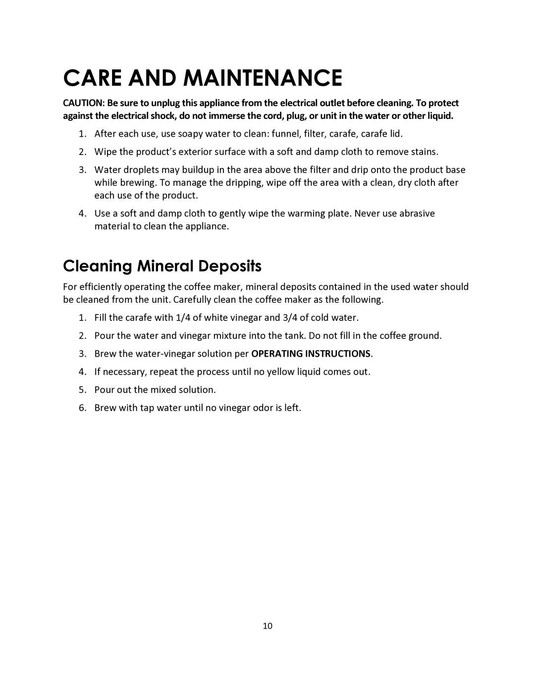 Magic Chef MCSCM12TB instruction manual Care and Maintenance, Cleaning Mineral Deposits 