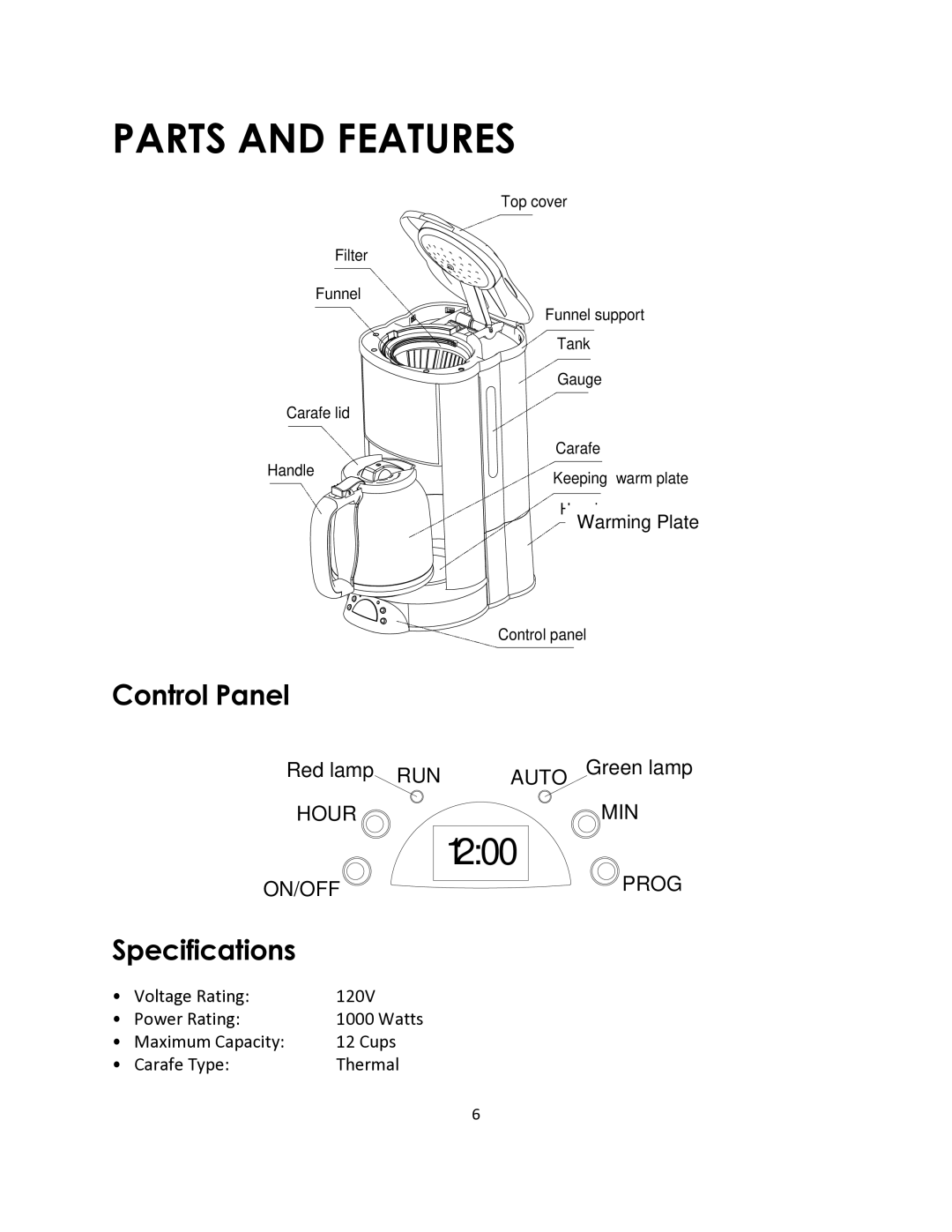 Magic Chef MCSCM12TB instruction manual Parts and Features, Control Panel, Specifications 