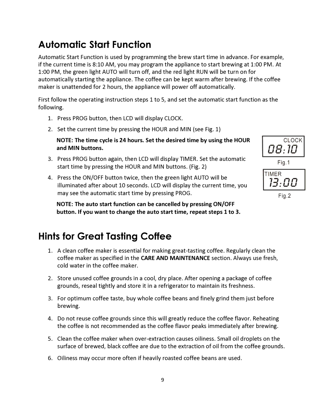 Magic Chef MCSCM12TB instruction manual Automatic Start Function, Hints for Great Tasting Coffee 