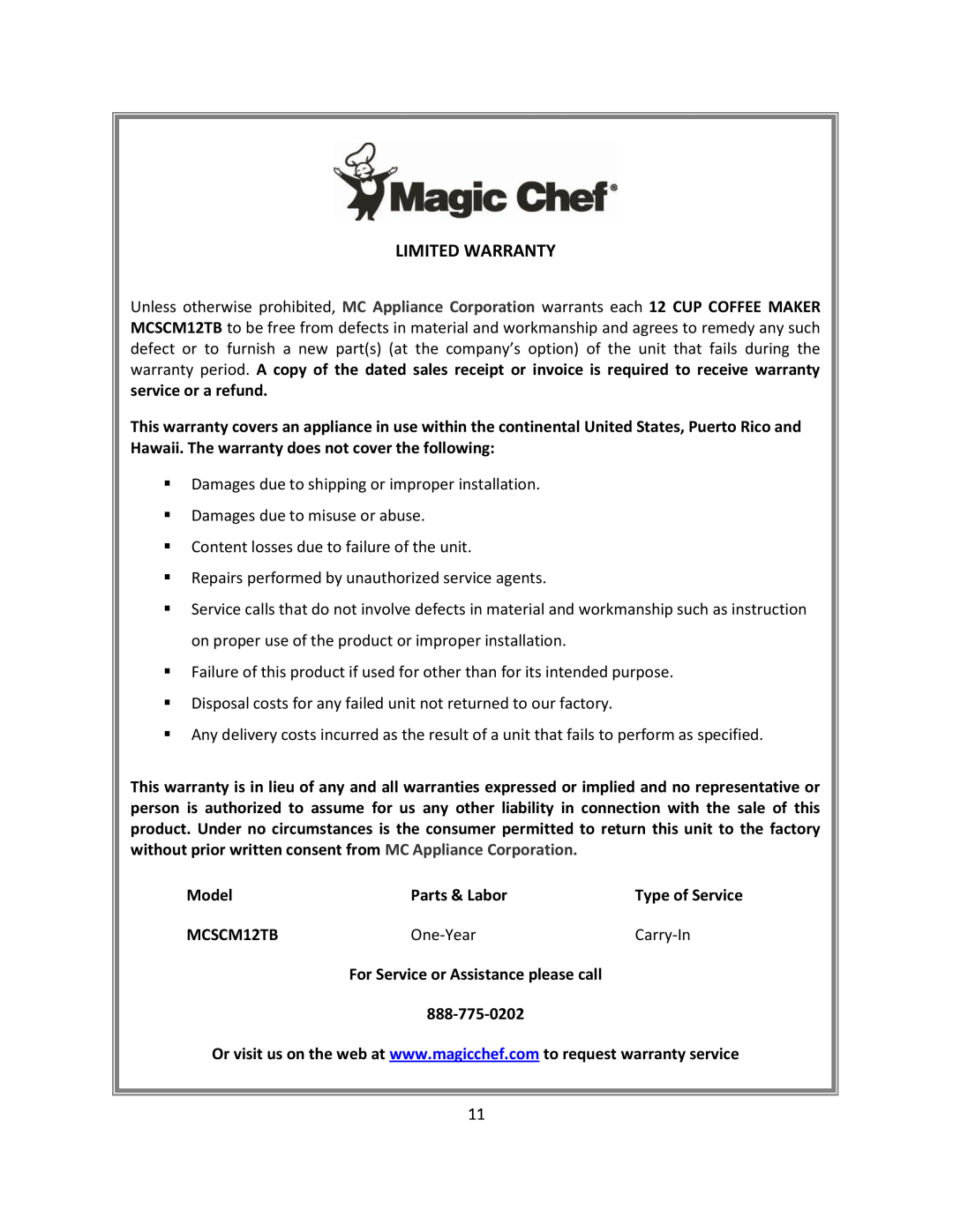 Magic Chef MCSCM12TB instruction manual Model, Parts & Labor, One-Year, Carry-In 