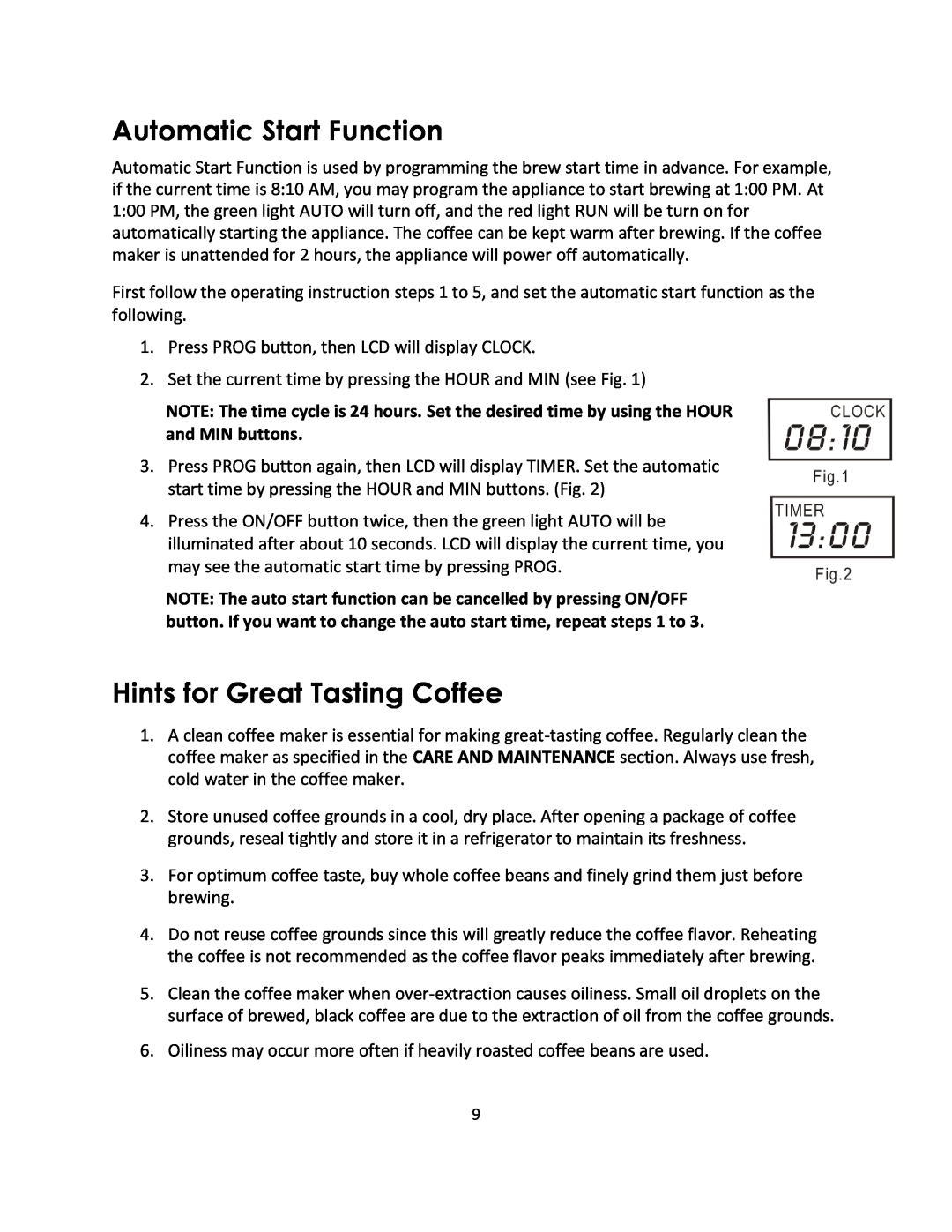 Magic Chef MCSCM12TB instruction manual Automatic Start Function, Hints for Great Tasting Coffee 