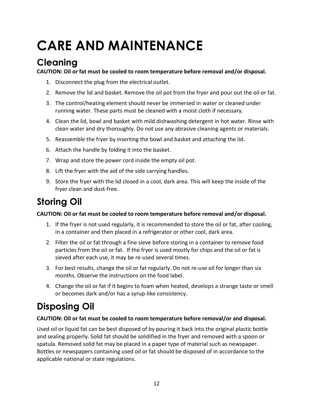 Magic Chef MCSDF12W instruction manual Care and Maintenance, Cleaning, Storing Oil, Disposing Oil 