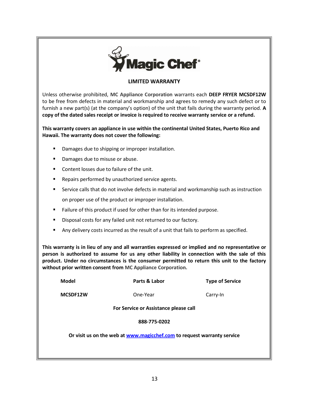 Magic Chef MCSDF12W instruction manual Limited Warranty 