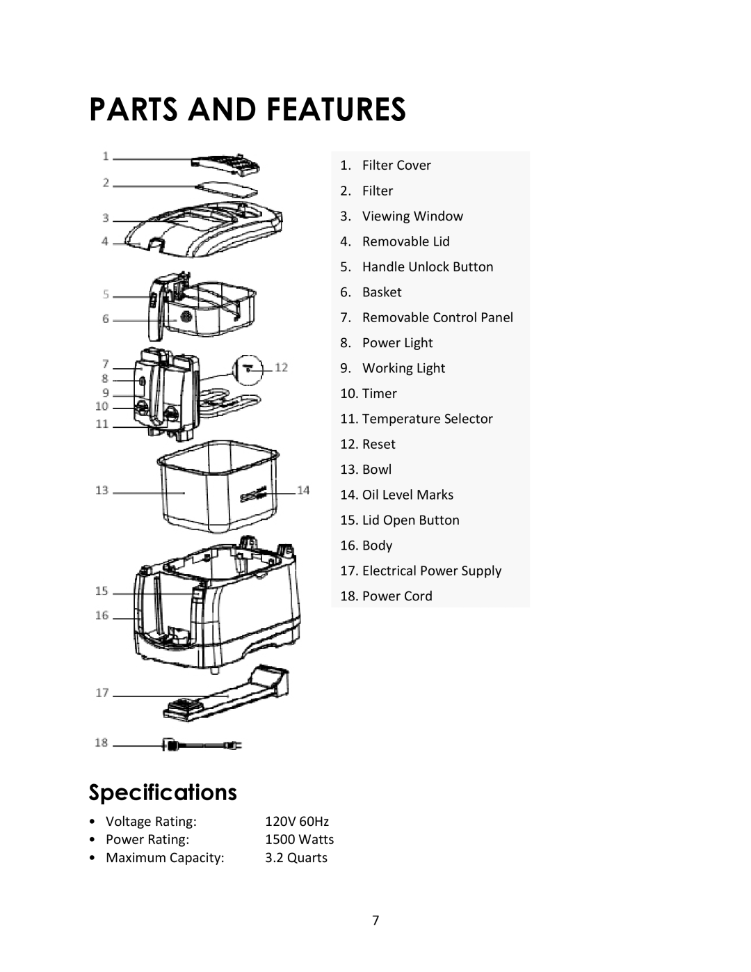 Magic Chef MCSDF12W instruction manual Parts and Features, Specifications 