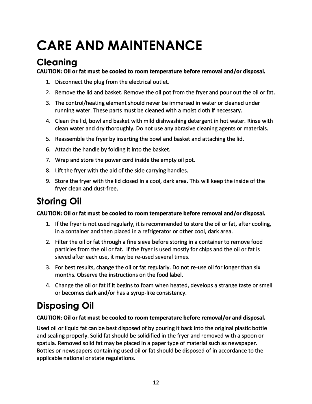 Magic Chef MCSDF12W instruction manual Care And Maintenance, Cleaning, Storing Oil, Disposing Oil 