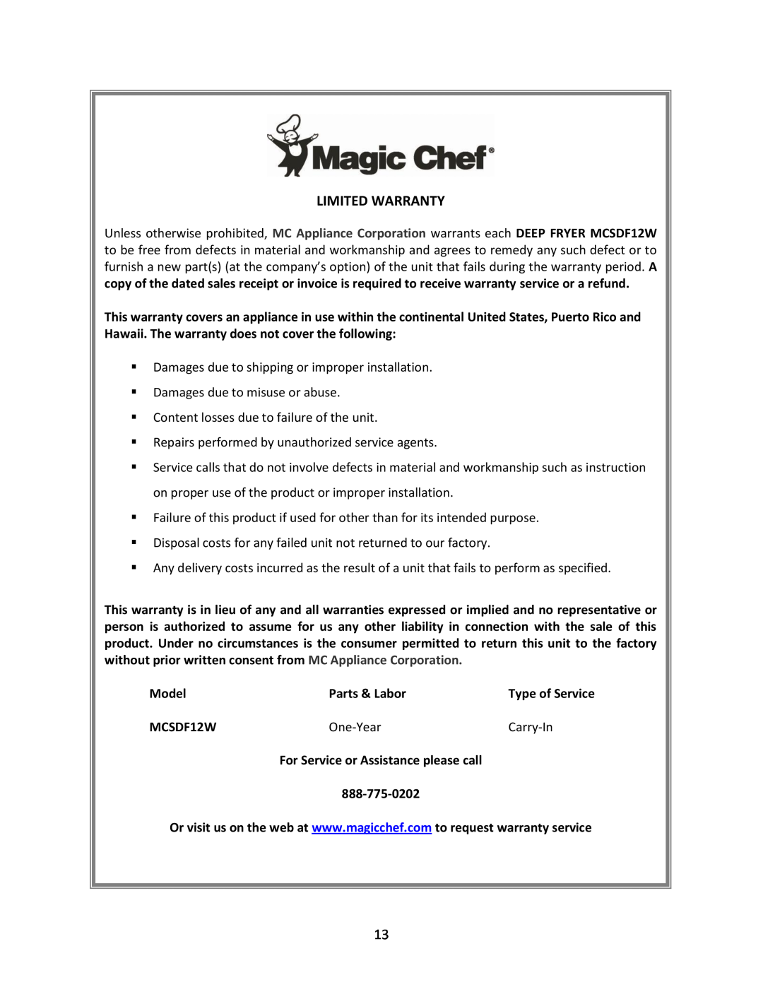 Magic Chef MCSDF12W instruction manual Limited Warranty 