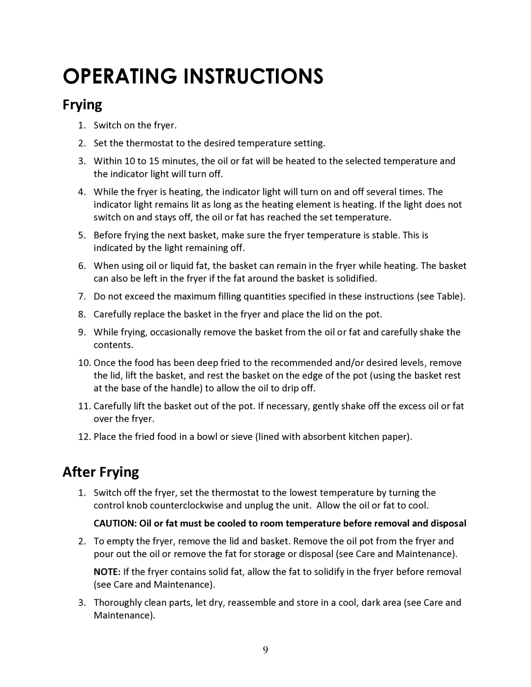 Magic Chef MCSDF15ST instruction manual Operating Instructions, Frying 