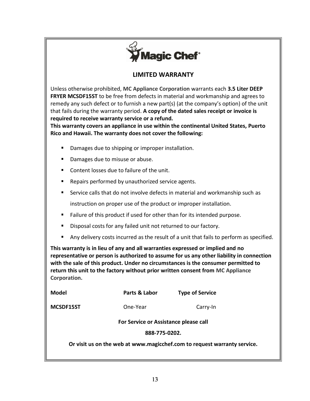 Magic Chef MCSDF15ST instruction manual Limited Warranty 