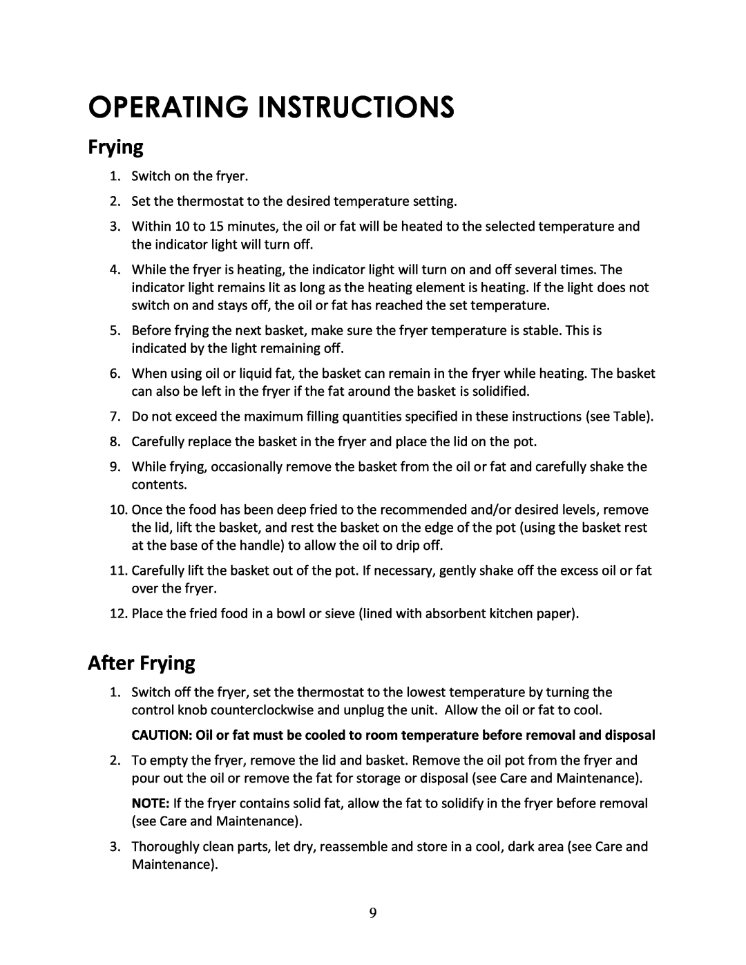 Magic Chef MCSDF15ST instruction manual Operating Instructions, After Frying 
