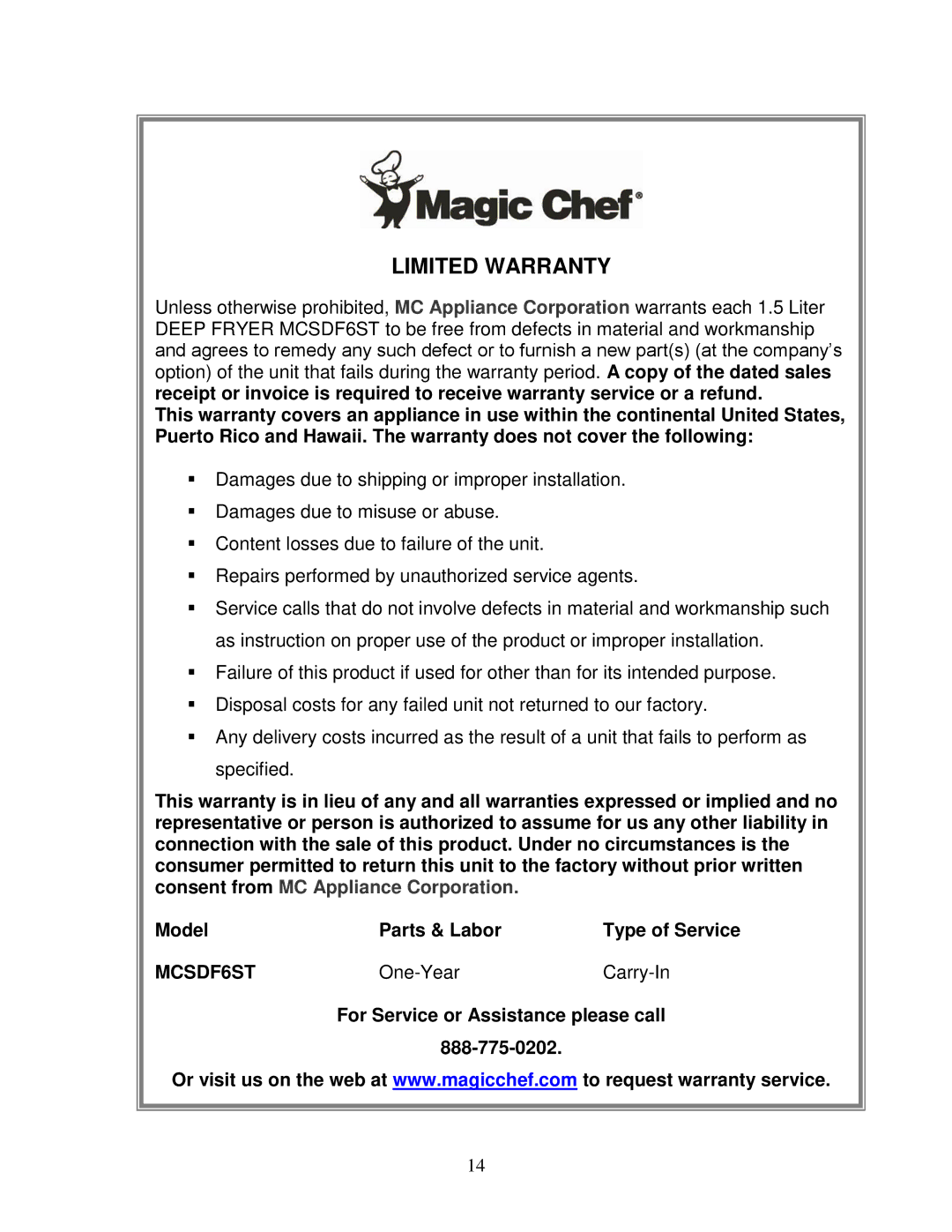 Magic Chef MCSDF6ST instruction manual Limited Warranty 