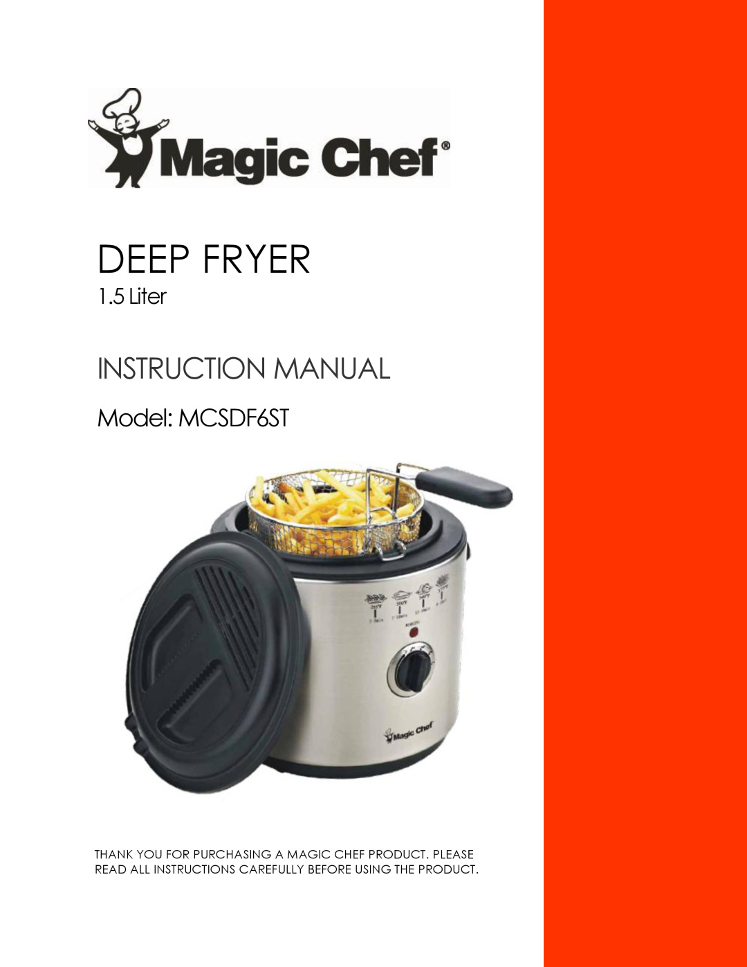 Magic Chef instruction manual Model MCSDF6ST, Deep Fryer, Liter 