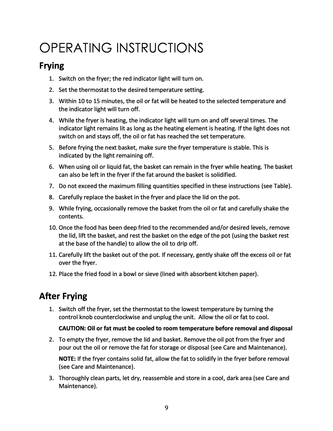 Magic Chef MCSDF6ST instruction manual Operating Instructions, After Frying 