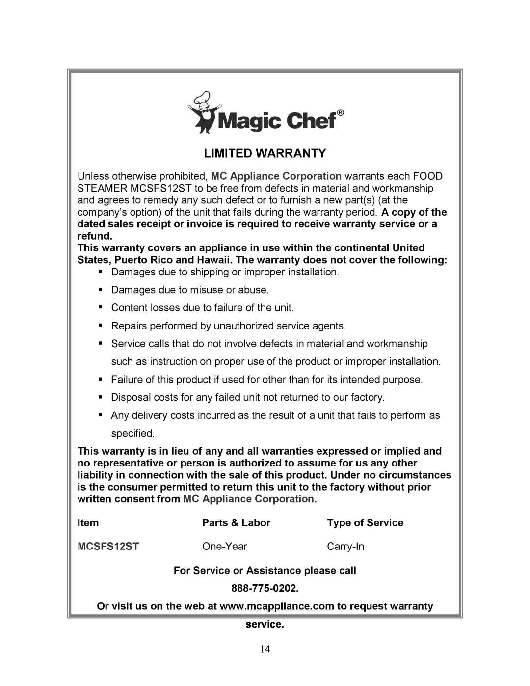 Magic Chef MCSFS12ST instruction manual Limited Warranty 