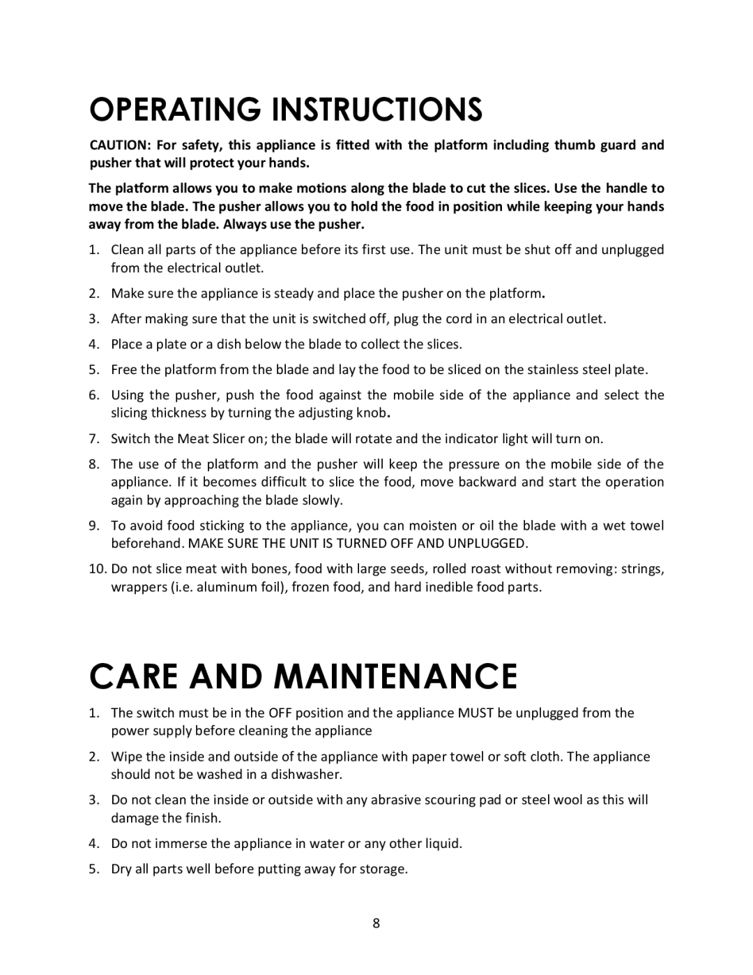 Magic Chef MCSFS200SV instruction manual Care and Maintenance, Operating Instructions 