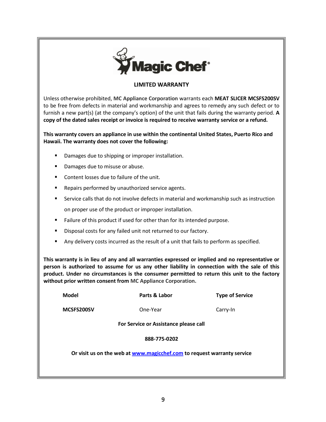Magic Chef MCSFS200SV instruction manual Limited Warranty 