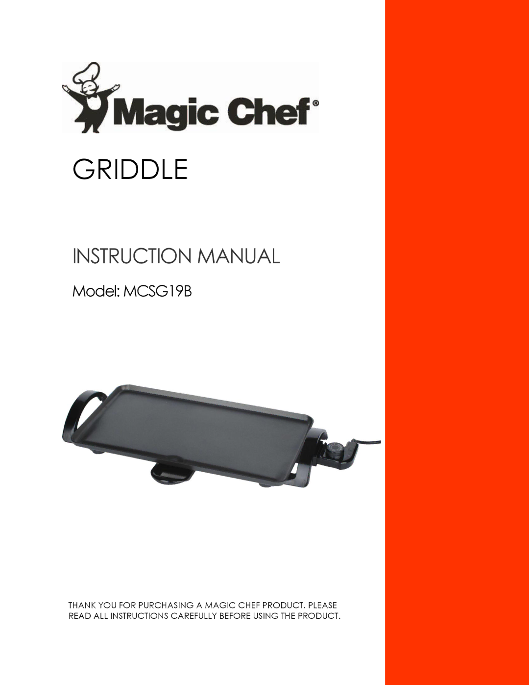 Magic Chef MCSG19B instruction manual Griddle 