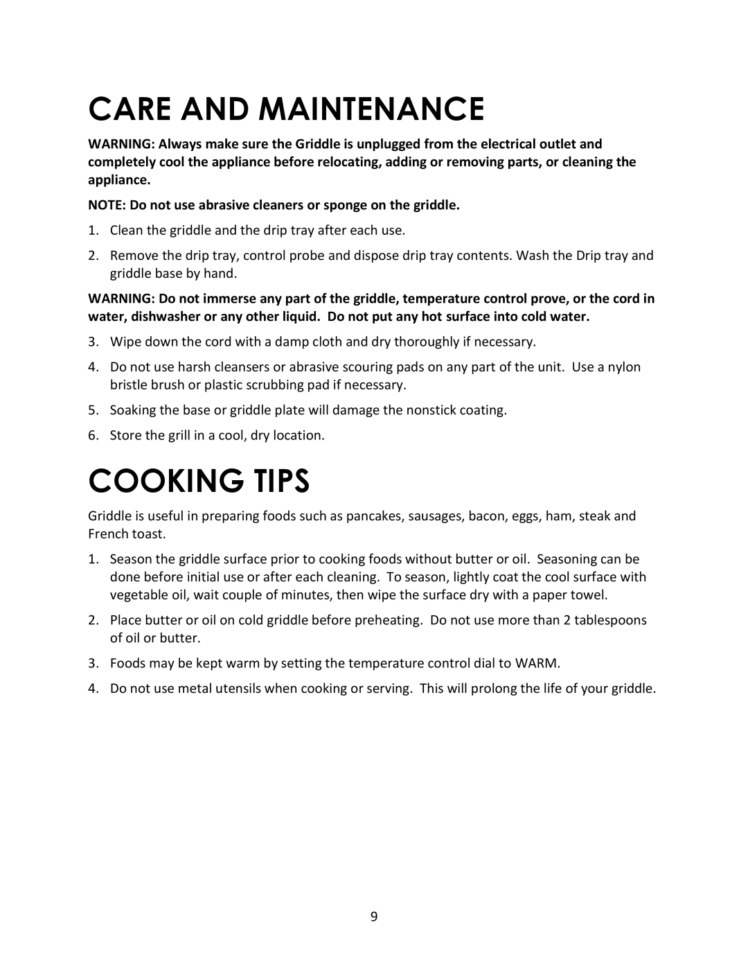 Magic Chef MCSG19B instruction manual Care and Maintenance, Cooking Tips 