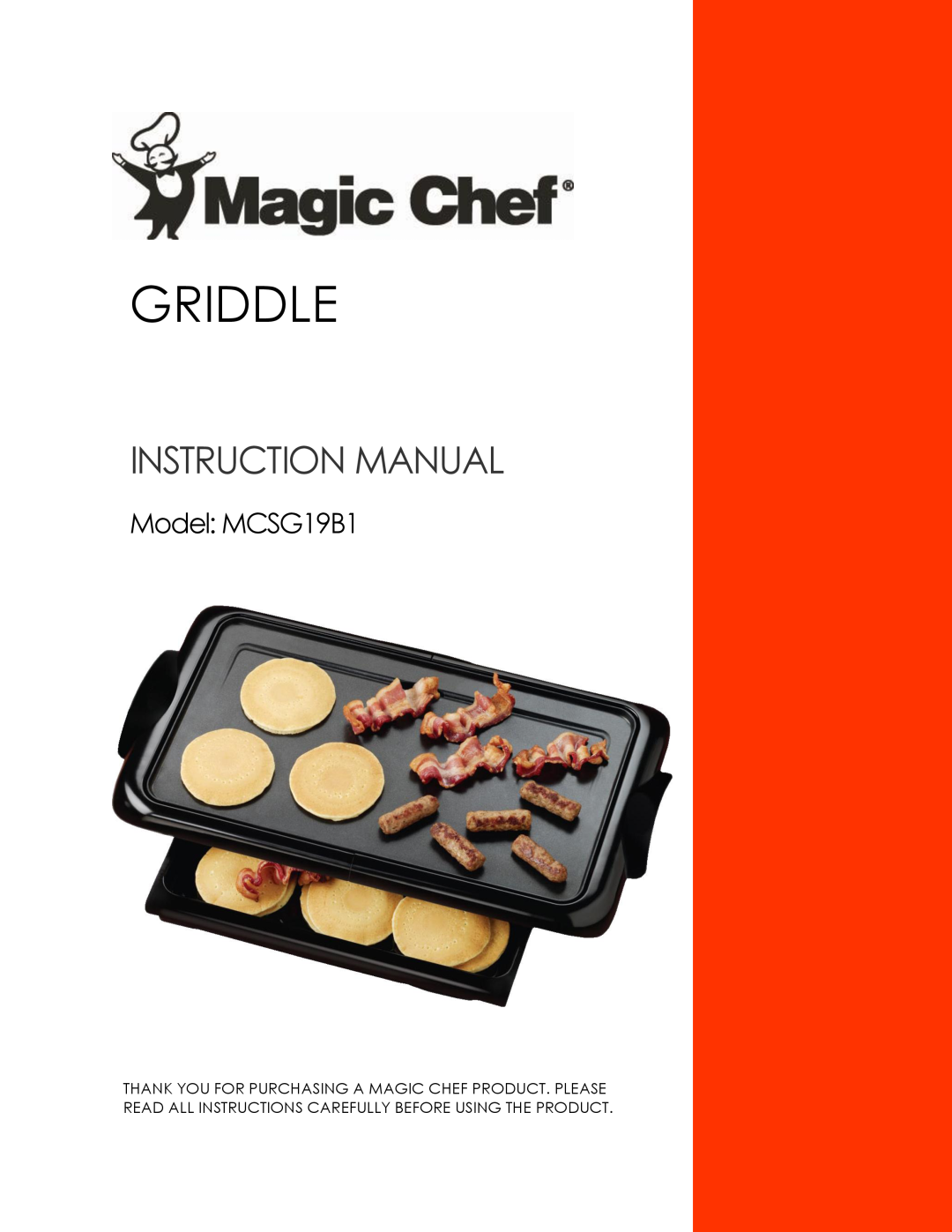Magic Chef instruction manual Griddle, Model MCSG19B1 