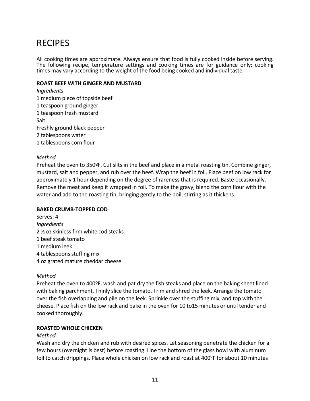 Magic Chef MCSGC12B Recipes, Roast Beef with Ginger and Mustard, Baked CRUMB-TOPPED COD, Roasted Whole Chicken 