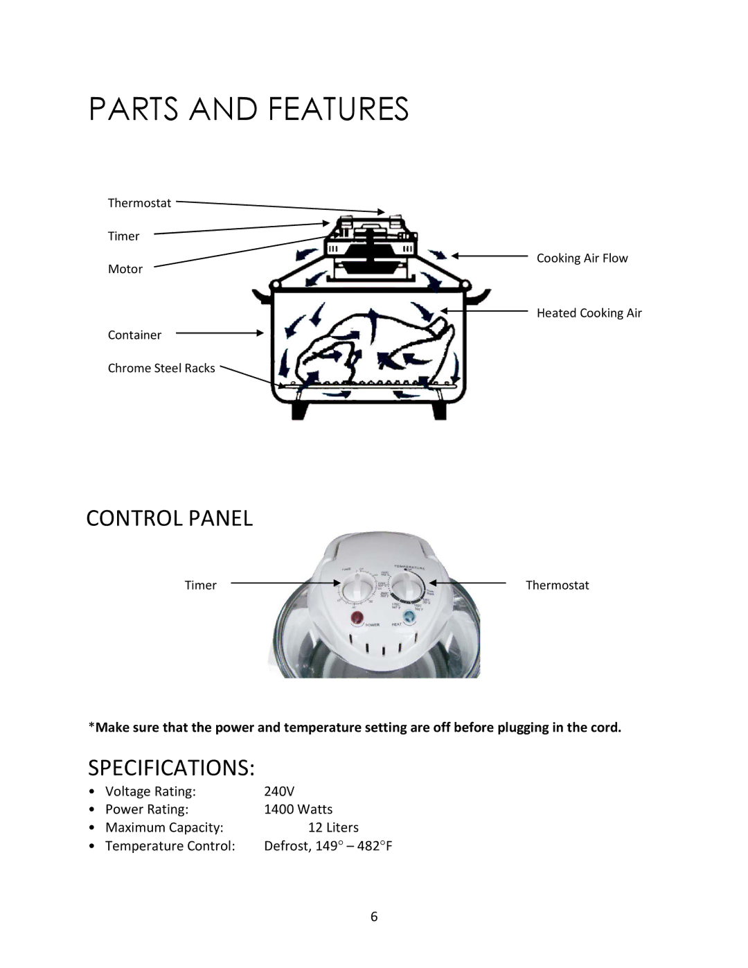 Magic Chef MCSGC12B instruction manual Parts and Features, Control Panel, Specifications 