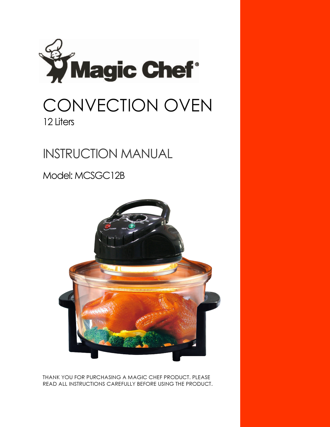 Magic Chef instruction manual Convection Oven, Instruction Manual, MODEL: MCSGC12B, Liters 