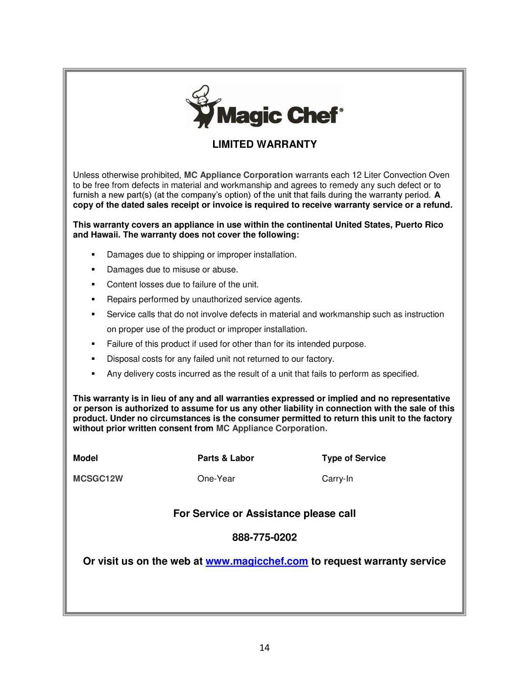 Magic Chef MCSGC12W instruction manual Limited Warranty 