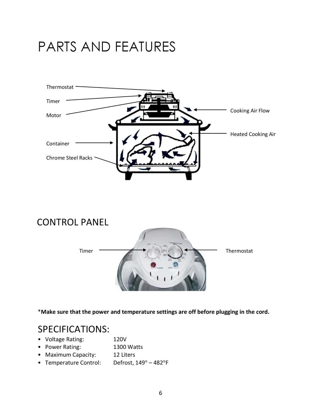 Magic Chef MCSGC12W instruction manual Parts and Features, Control Panel, Specifications 