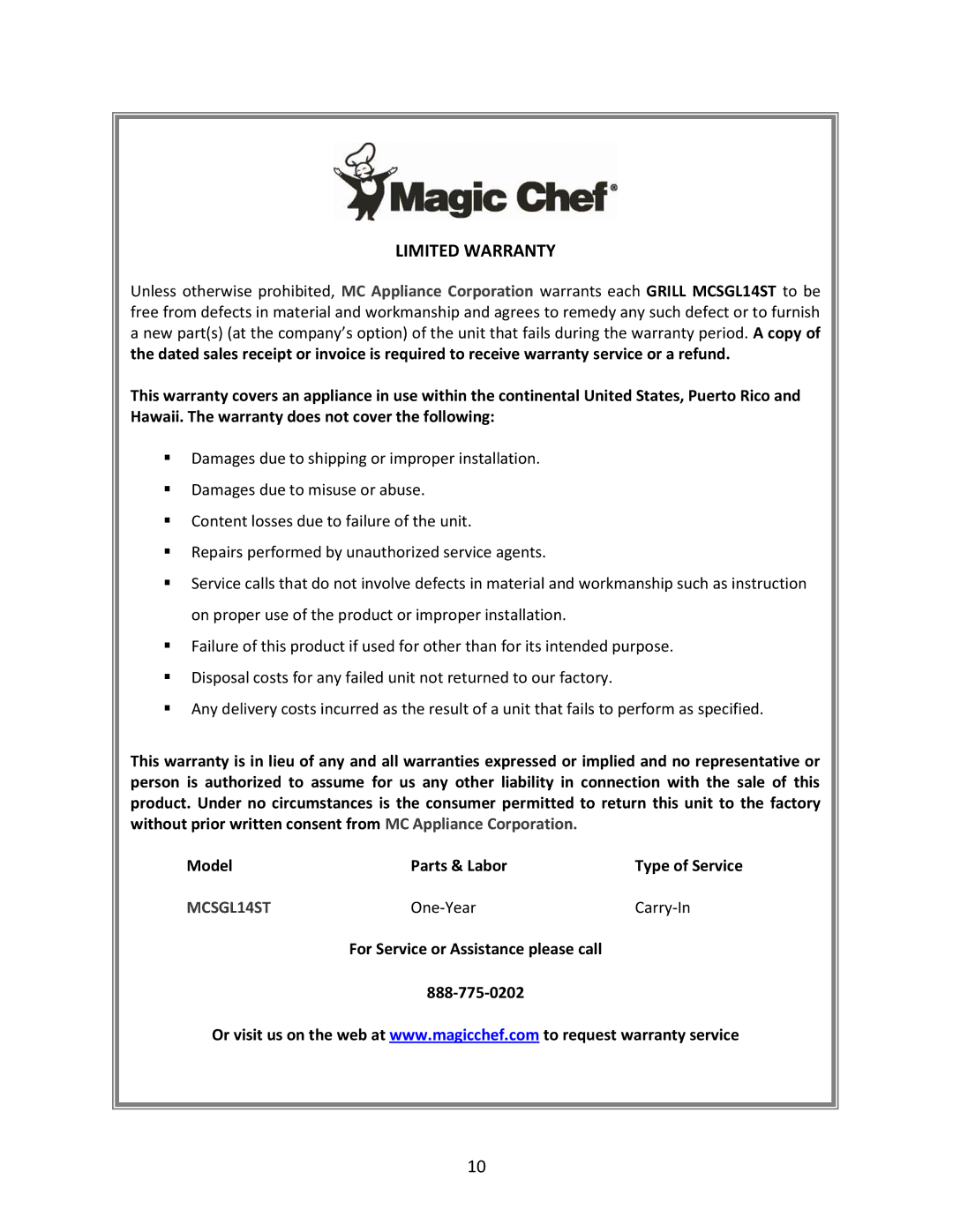 Magic Chef MCSGL14ST instruction manual Limited Warranty 