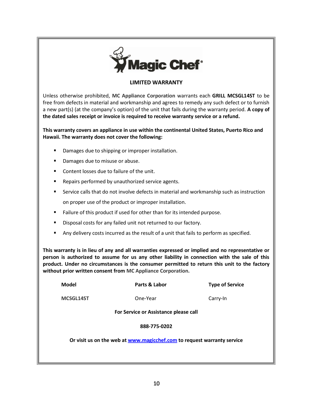 Magic Chef MCSGL14ST instruction manual Model, Parts & Labor, One-Year, Carry-In 