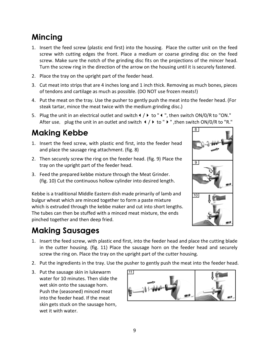 Magic Chef MCSMG500W instruction manual Mincing, Making Kebbe, Making Sausages 