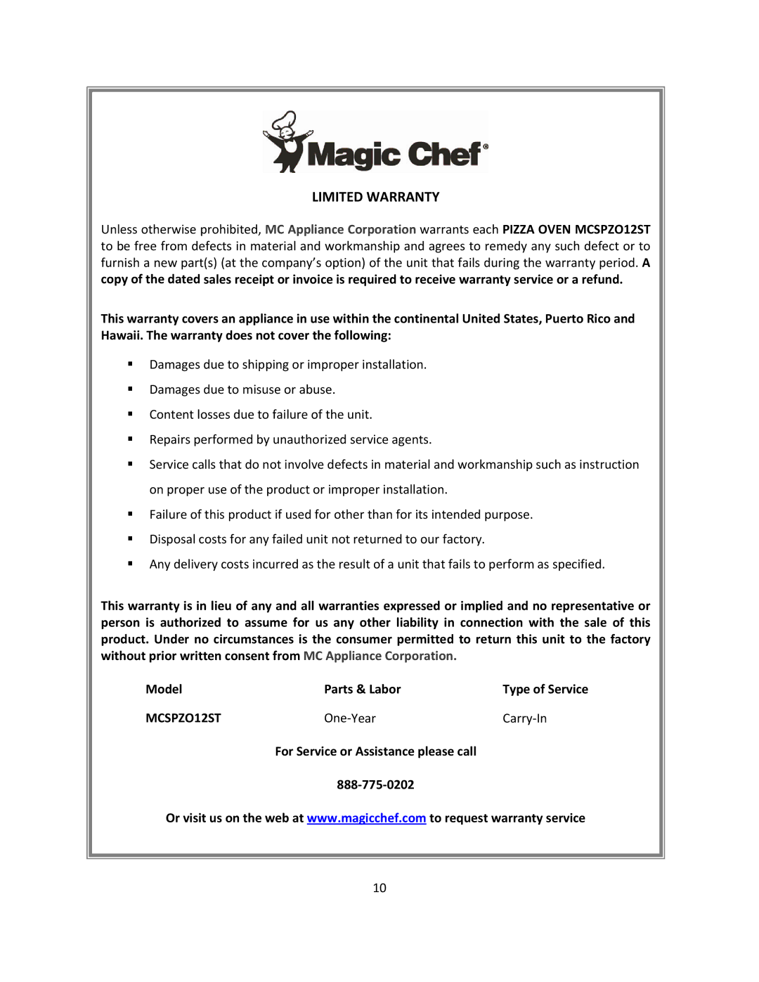 Magic Chef MCSPZO12ST instruction manual Limited Warranty 