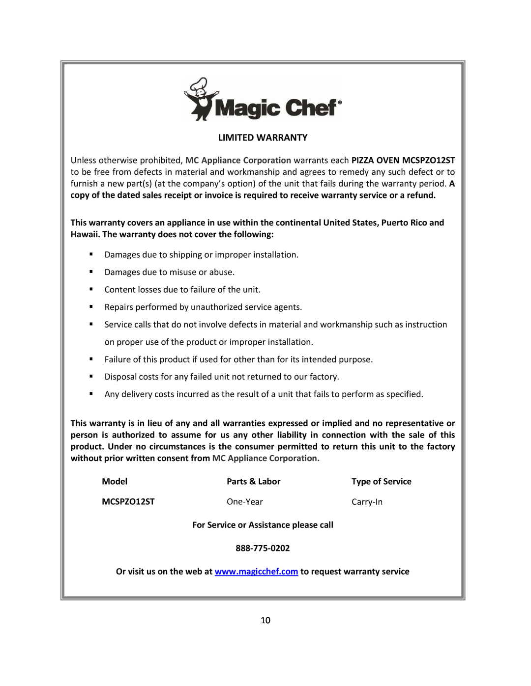 Magic Chef MCSPZO12ST instruction manual Limited Warranty 