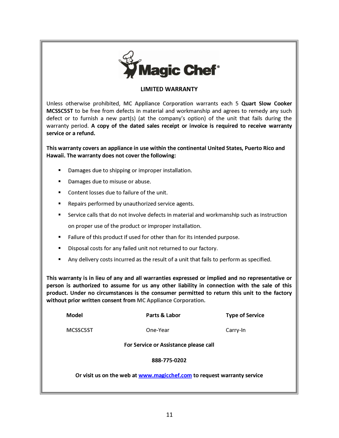 Magic Chef MCSSC5ST instruction manual Limited Warranty 