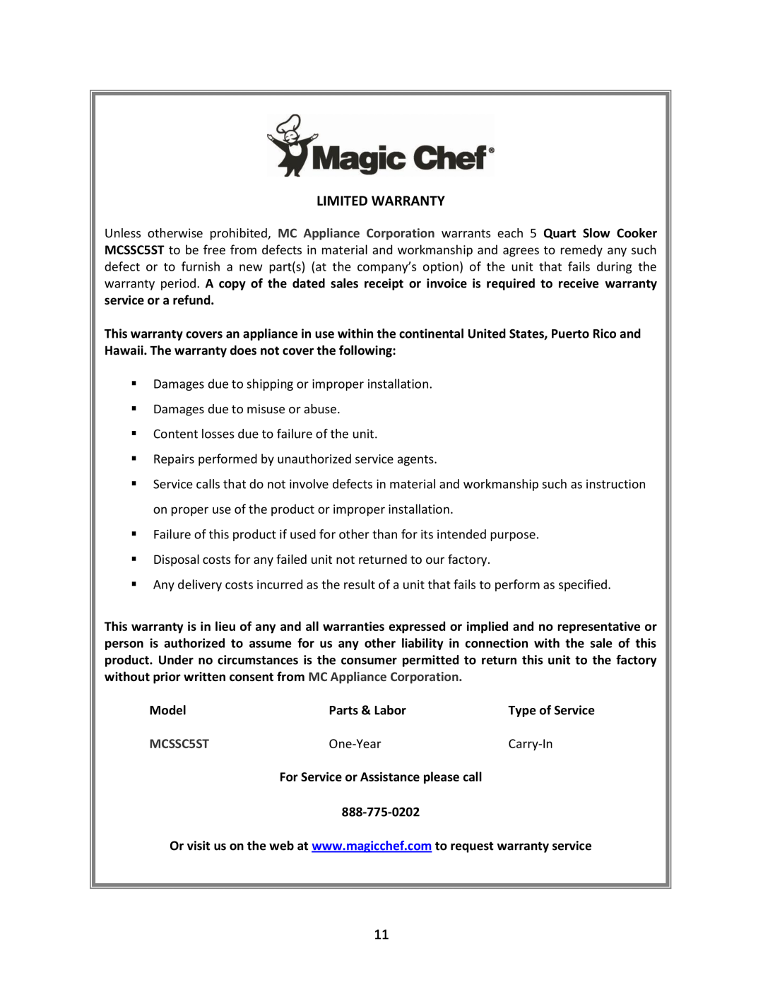 Magic Chef MCSSC5ST instruction manual Model, Parts & Labor, One-Year, Carry-In 
