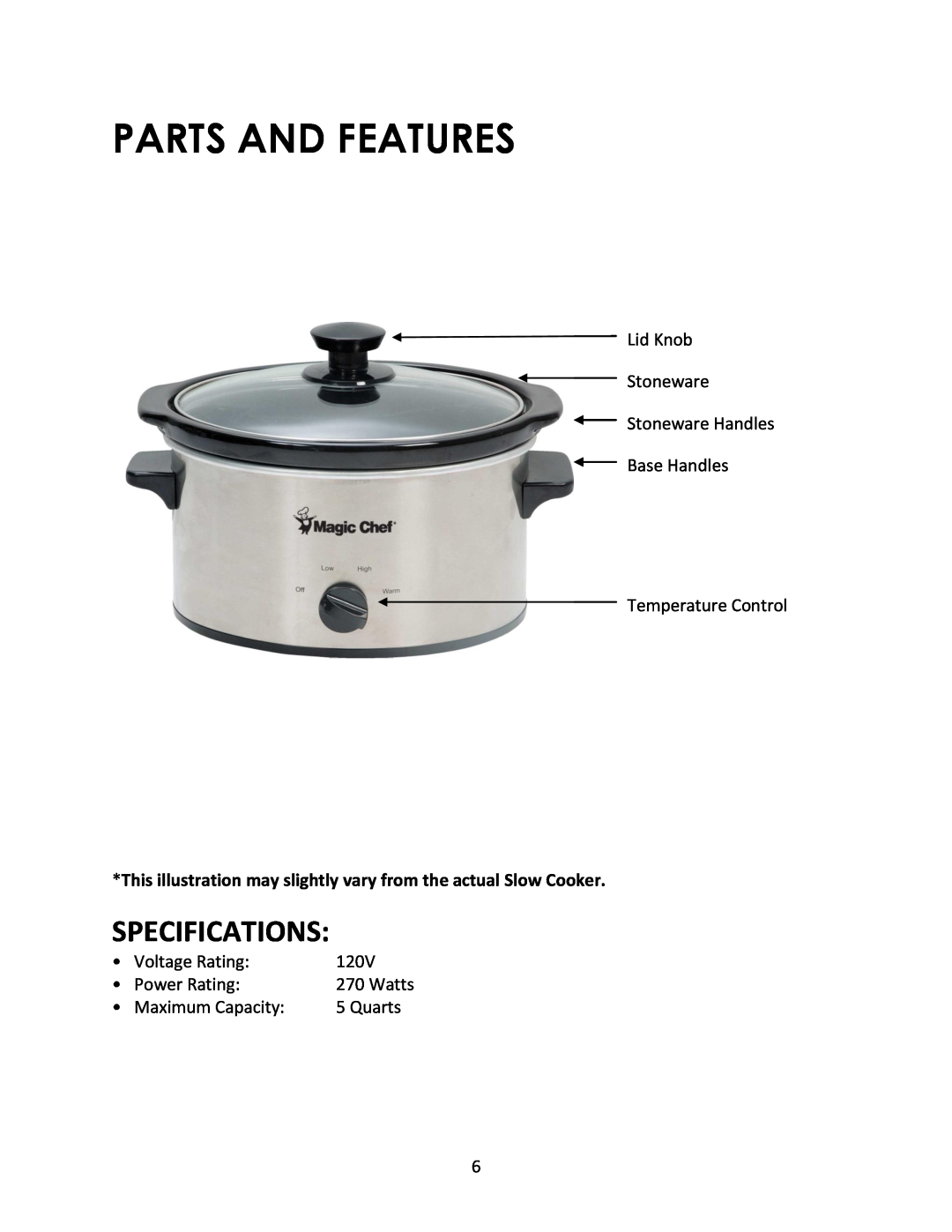 Magic Chef MCSSC5ST instruction manual Parts And Features, Specifications 