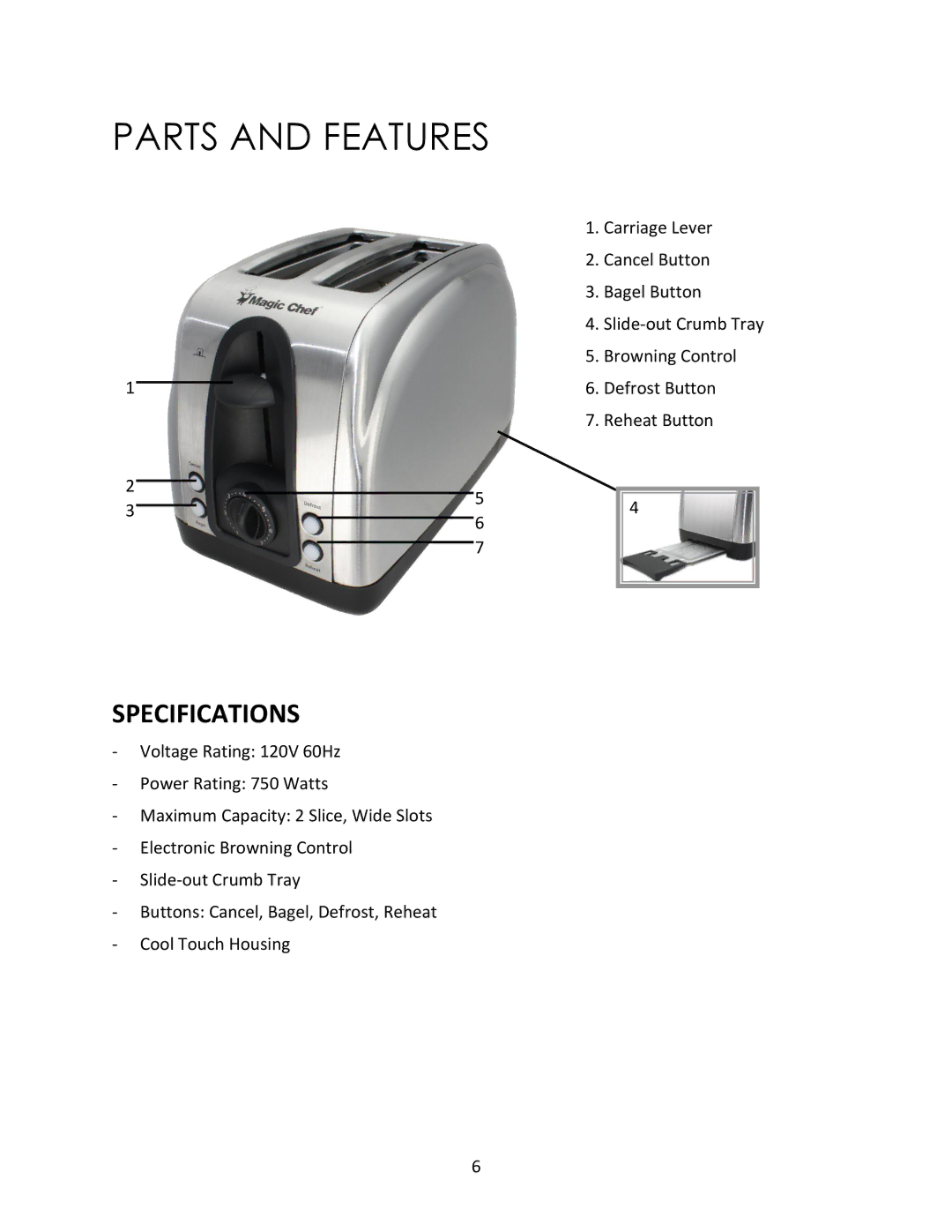 Magic Chef MCST2ST instruction manual Parts and Features, Specifications 