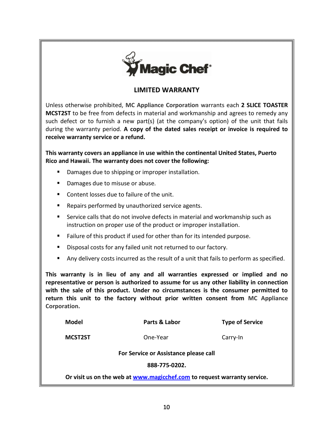 Magic Chef MCST2ST instruction manual Model, Parts & Labor, One-Year, Carry-In, Limited Warranty 