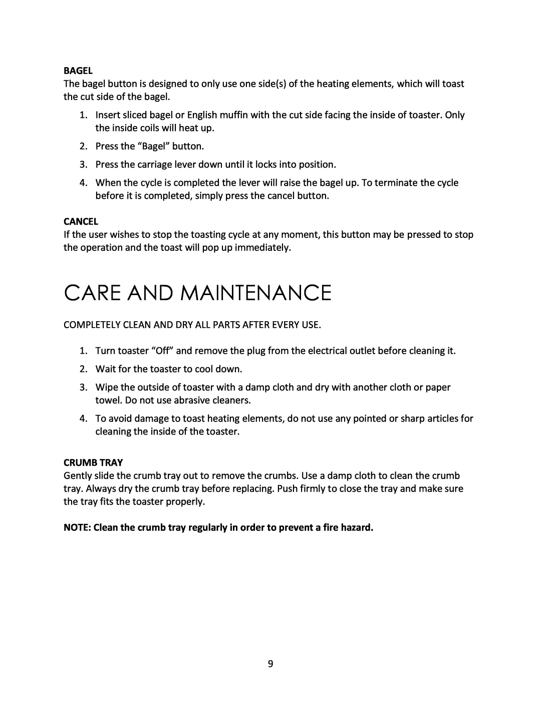 Magic Chef MCST2ST instruction manual Care And Maintenance, Bagel, Cancel, Crumb Tray 