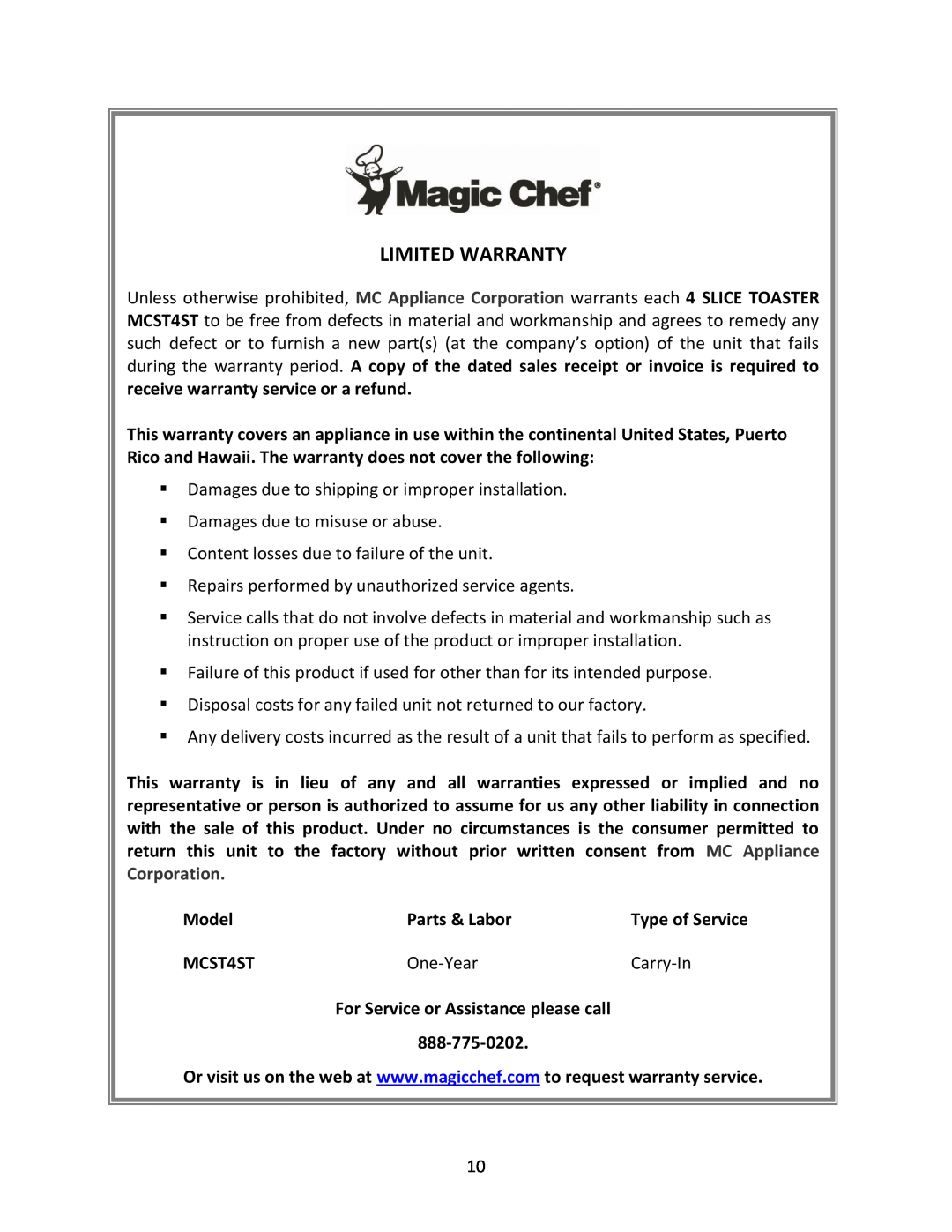 Magic Chef MCST4ST instruction manual Model, Parts & Labor, One-Year, Carry-In, Limited Warranty 