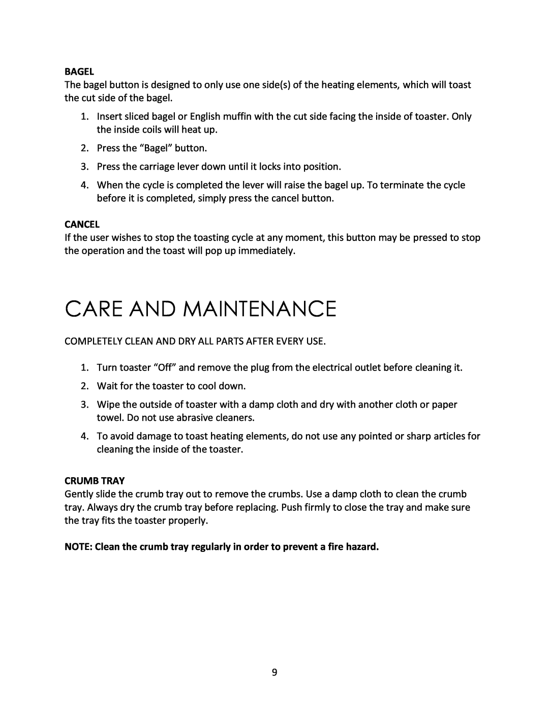 Magic Chef MCST4ST instruction manual Care And Maintenance, Bagel, Cancel, Crumb Tray 