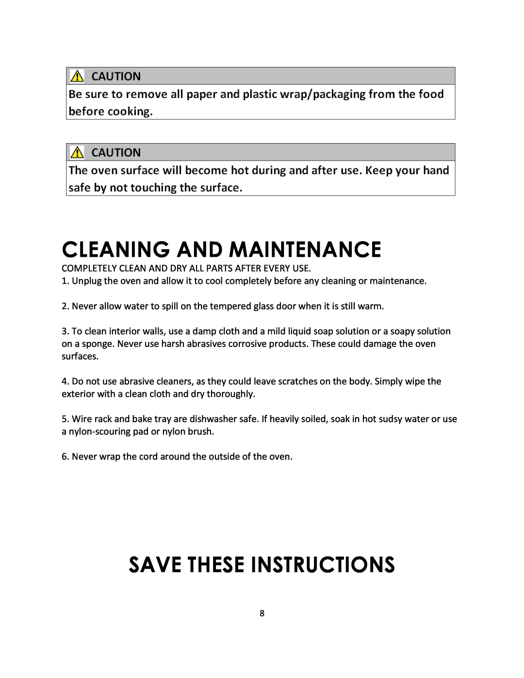 Magic Chef MCSTO4ST instruction manual Cleaning And Maintenance, Save These Instructions 