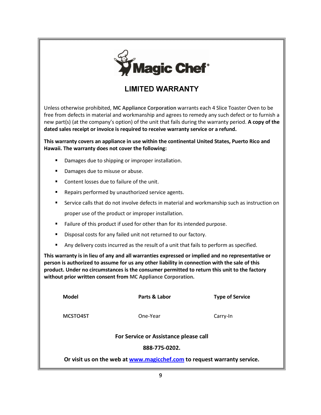 Magic Chef MCSTO4ST instruction manual Limited Warranty 