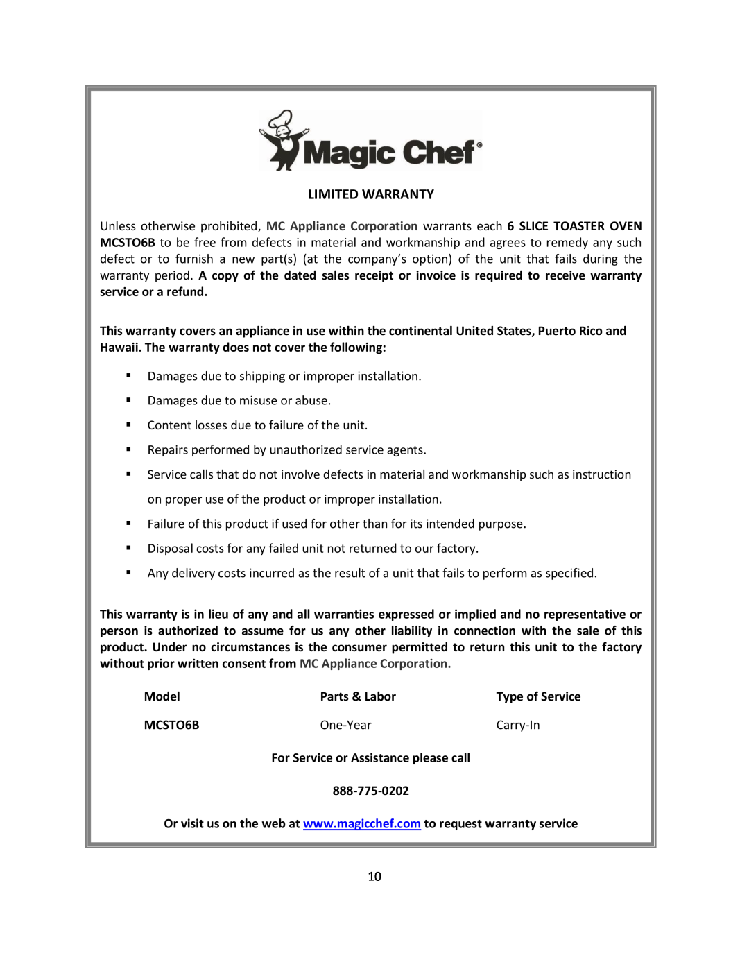 Magic Chef MCSTO6B instruction manual Limited Warranty 
