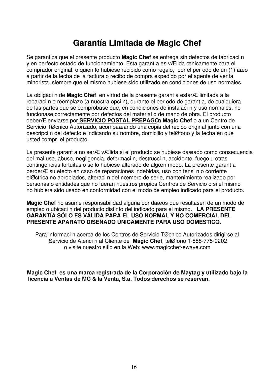 Magic Chef MCT2W1 operating instructions Garantía Limitada de Magic Chef 