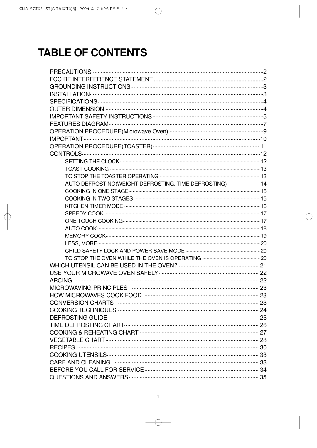 Magic Chef MCT9E1ST manual Table of Contents 