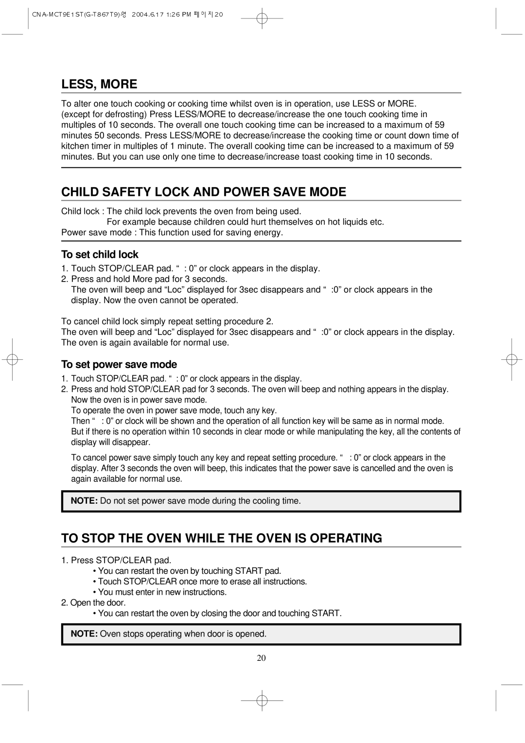 Magic Chef MCT9E1ST manual LESS, More, Child Safety Lock and Power Save Mode, To Stop the Oven While the Oven is Operating 