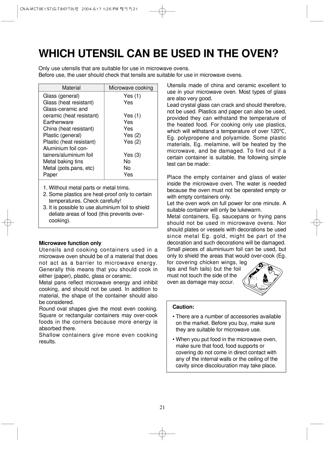 Magic Chef MCT9E1ST manual Which Utensil can be Used in the OVEN?, Microwave function only 