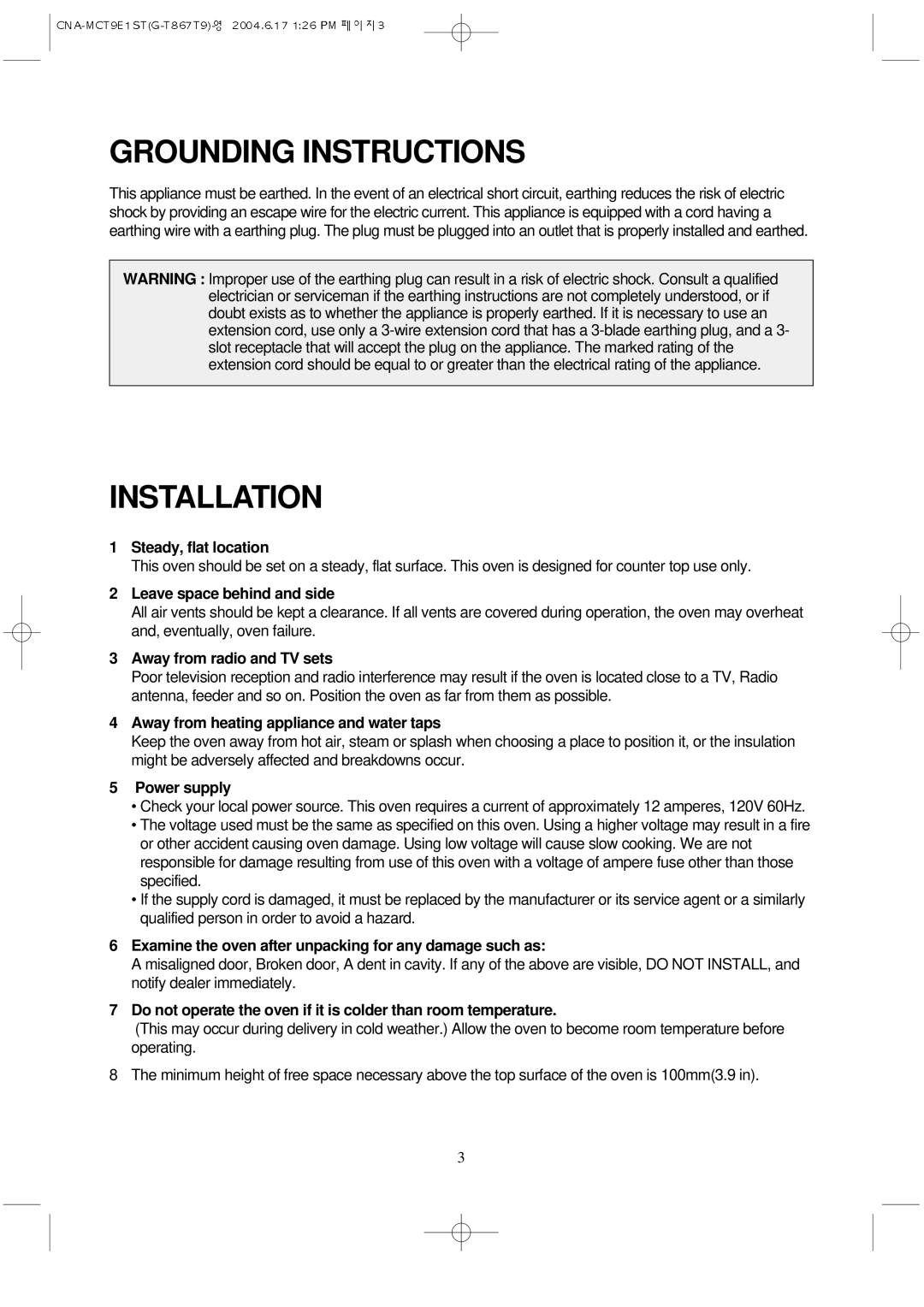 Magic Chef MCT9E1ST manual Grounding Instructions, Installation 