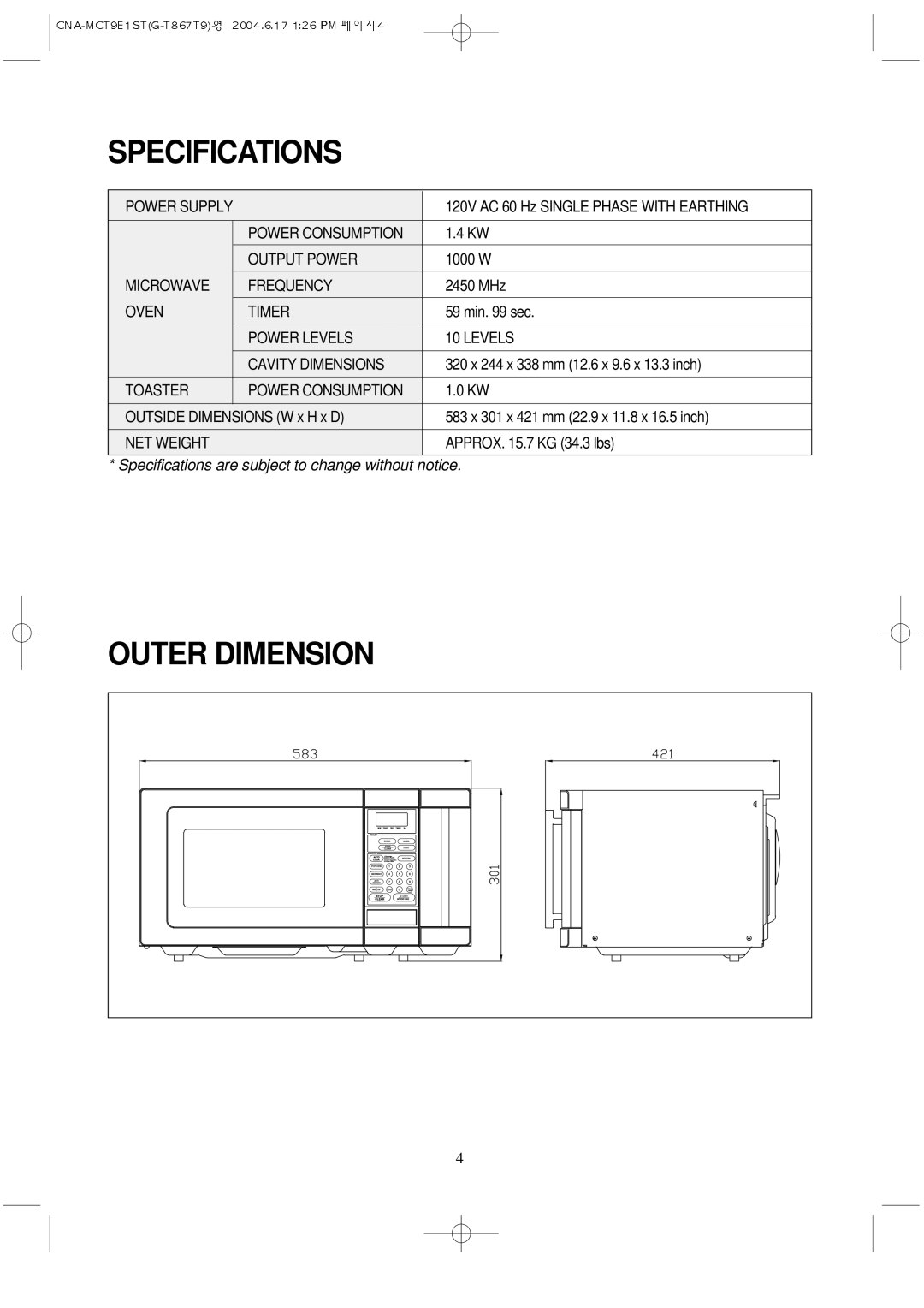 Magic Chef MCT9E1ST manual Specifications, Outer Dimension 